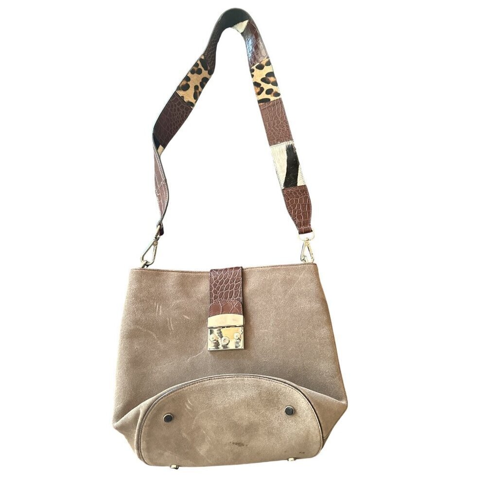 Claudia Firenze Taupe Suede‎ Crossbody Bag With Calf Hair Animal Print Strap